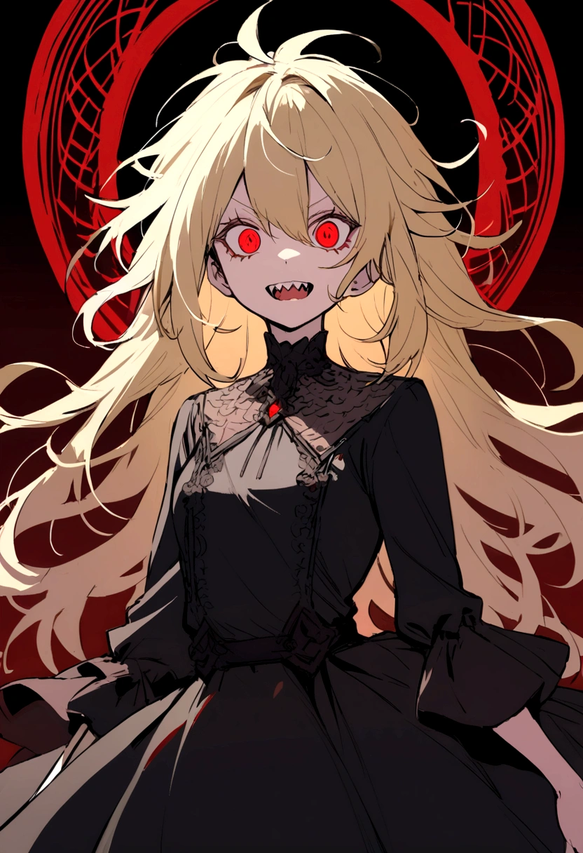 Blonde girl with messy hair, with red eyes and scary pointy teeth