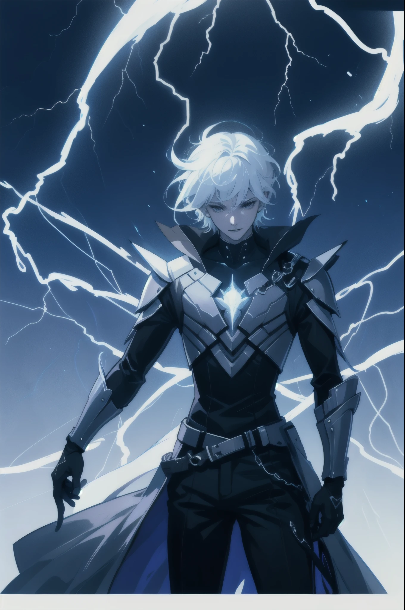 A -yeld teith an albino skin tone. He is an engineer and artificer, without facial or body hair. His hair is short and straight, colored white. The boy is wearing a futuristic cyberpunk in black and blue, futuristic style clothes, adorned with white lightning patterns. He is surrounded by an aura of white lightning, with a background featuring a scenery of rapid lightning and thunder. Thunder powers.