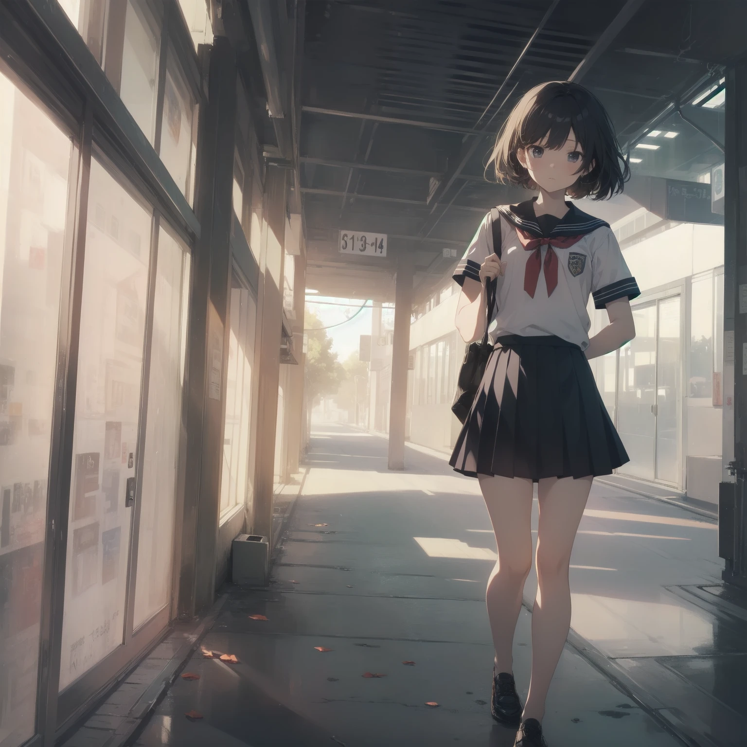 ultra-absurdres-Top quality by artist God, ultra-detailed, high resolution, anime moe artstyle, best anime 8k konachan wallpaper, pixiv contest winner, pool:2810, perfect anatomy,break, 1girl, (Please draw a girl walking sleepily to school alone. )break,(Solo,little female, -yeld:1.Full limbs, complete fingers,a junior hihort hair), short cut, flat chest, , small butt, small black eyes, beautiful detailed eyes, well-proportioned iris and pupils, expressive eyes, highres detailed hair, soft expression, salor school_uniform, sailor collar, serahuku, bow, pleated skirt,(Detailed Lighting), (Detailed background), in the School commute route. break,super detailed skin, Best cinematic lighting powered by famous artist, 8k,beauty illustration,photoshop_(medium),very aesthetic,break,((artist:wa_(genryusui) )), artist:clamp ,artist:carnelian ,artist:kantoku ,