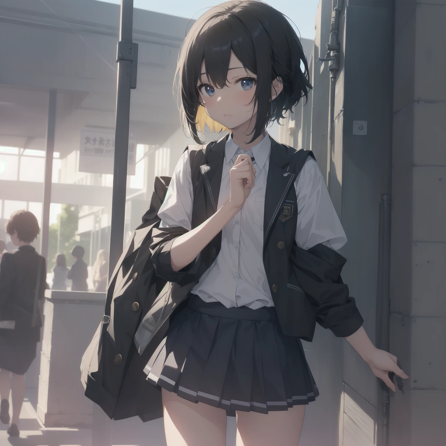 ultra-absurdres-Top quality by artist God, ultra-detailed, high resolution, anime moe artstyle, best anime 8k konachan wallpaper, pixiv contest winner, pool:2810, perfect anatomy,break, 1girl, (Please draw a girl walking sleepily to school alone. )break,(Solo,little female, 13-year-old:1.3),Full limbs, complete fingers,a junior high school student, (very short hair), short cut, flat chest, , small butt, small black eyes, beautiful detailed eyes, well-proportioned iris and pupils, expressive eyes, highres detailed hair, soft expression, salor school_uniform, sailor collar, serahuku, bow, pleated skirt,(Detailed Lighting), (Detailed background), in the School commute route. break,super detailed skin, Best cinematic lighting powered by famous artist, 8k,beauty illustration,photoshop_(medium),very aesthetic,break,((artist:wa_(genryusui) )), artist:clamp ,artist:carnelian ,artist:kantoku ,