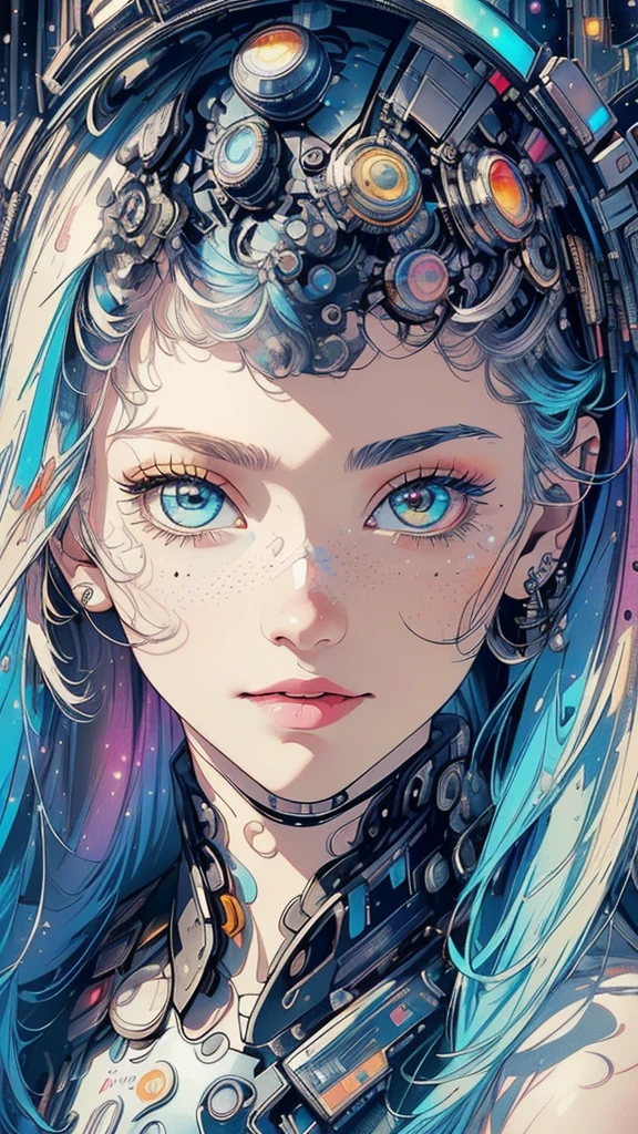 (((masterpiece, highest quality))),(((solo:1.2))),(((1girl:1.2))),32k wallpaper, very detailed,(((((portfolio))))),(((((Close-up))))),(((((bust up))))),((((more various angle)))),(((highlight))),((((heterochromia)))),(((complete. detailed face))),((((Extremely talented)))),((((Wonderfully detailed complicated machine)))),((((genius mechanic)))),((Overall colorfully)),((((futuristic galaxy)))),((((perfect clear skinn))))