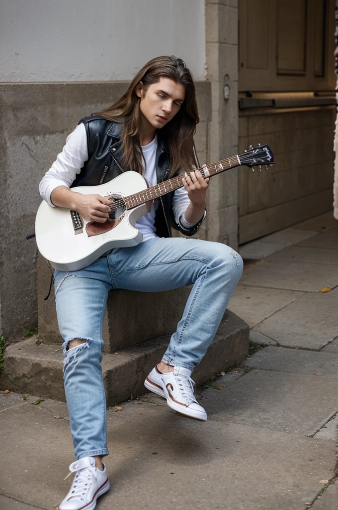 A man, with long hair, wearing leather jacket, white tshirt, blue jeans, converse, playing guitar