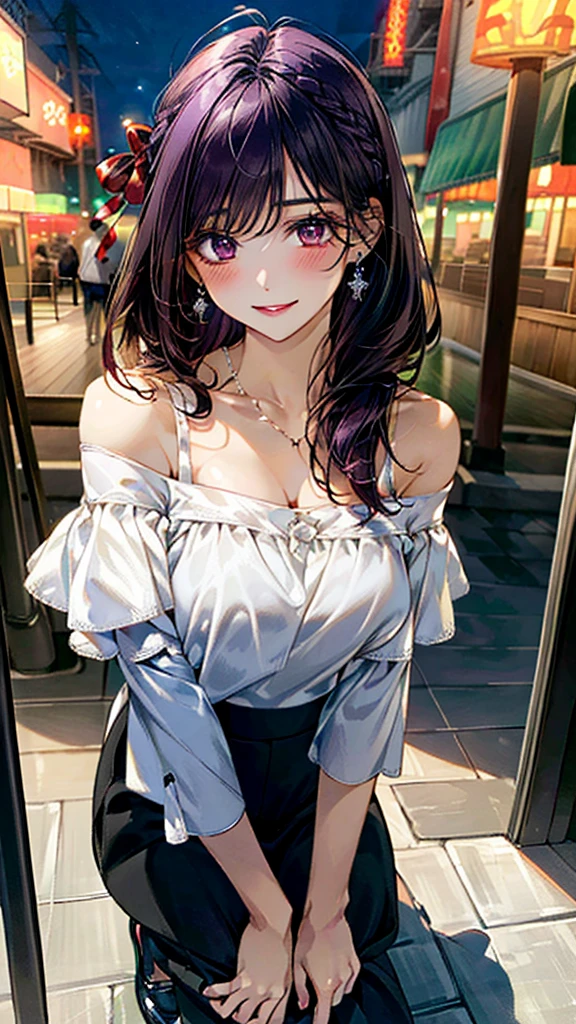 (masterpiece:1.3, Highest quality, Ultra-high resolution：1.2, Super detailed、8K), (Realistic, photoRealistic:1.4), Beautiful illustrations, Perfect lighting, colorful, Depth of written boundary, Beautiful detailed hair, Beautifully detailed face, Beautiful fine details, Droopy eyes、Beautiful clavicle, Beautiful body, 美しいLarge Breasts, Beautiful thighs, Beautiful feet, Beautiful fingers, View Viewer、Front view:0.6, Beauty1人, Japanese, Beauty、30 years old, Perfect Face, (Perfect Anatomy, Anatomically correct), Cute and symmetrical face, , , Shiny skin,(White off-the-shoulder blouse:1.4), (Long skirt:1.3) 、(Black pumps:1.3)、(deep purple hair, Red ribbon、Medium Straight Hair:1.4), braided bangs、Dark brown eyes, (Large Breasts, Slim body), necklace, Small earrings:1.1, (Beautiful views), (evening), amusement park、Waving、 A soft smile、(Smile, Lips parted),