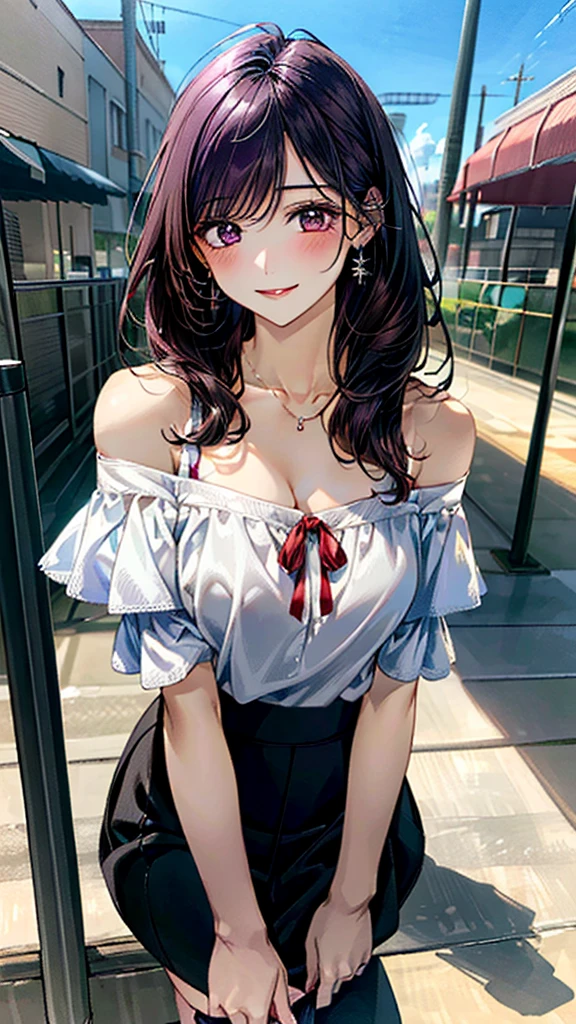 (masterpiece:1.3, Highest quality, Ultra-high resolution:1.2, Super detailed、8K), (Realistic, photoRealistic:1.4), Beautiful illustrations, Perfect lighting, colorful, Depth of written boundary, Beautiful detailed hair, Beautifully detailed face, Beautiful fine details, Droopy eyes、Beautiful clavicle, Beautiful body, 美しいLarge Breasts, Beautiful thighs, Beautiful feet, Beautiful fingers, View Viewer、Front view:0.6, Beauty1人, Japanese, Beauty、30 years old, Perfect Face, (Perfect Anatomy, Anatomically correct), Cute and symmetrical face, Baby Face, , Shiny skin,(White off-the-shoulder blouse:1.4), (Long skirt:1.3) 、(Black pumps:1.3)、(deep purple hair, Red ribbon、Medium Straight Hair:1.4), braided bangs、Dark brown eyes, (Large Breasts, Slim body), necklace, Small earrings:1.1, (Beautiful views), (evening), amusement park、Waving、 A soft smile、(Smile, Lips parted),