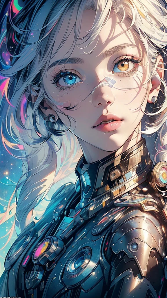 (((masterpiece, highest quality))),(((solo:1.2))),(((1girl:1.2))),32k wallpaper, very detailed,(((((portfolio))))),(((((Close-up))))),(((((bust up))))),((((more various angle)))),(((highlight))),((((heterochromia)))),(((complete. detailed face))),((((Extremely talented)))),((((Wonderfully detailed complicated machine)))),((((genius mechanic)))),((Overall colorfully)),(((futuristic galaxy))),(((perfect clear skinn)))
