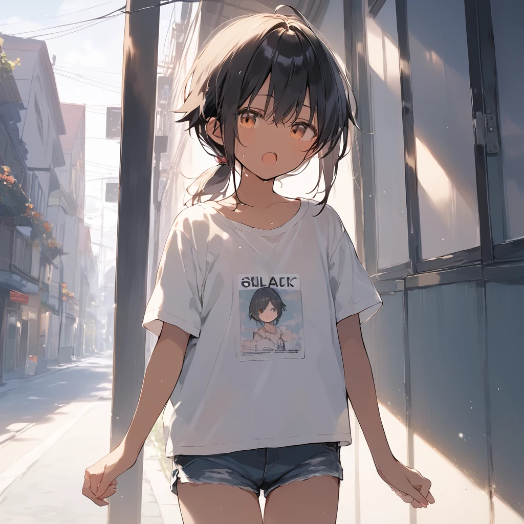 Residential Street,smile,Standing,Put your hands behind your back,close your eyes,1 ,boyish.Two-block shorthair,Black Hair,blush,White T-shirt,Olive green shorts,Brown Sandals,White skin,summer,From below,Open your hands,shy,Sweat,Grin,