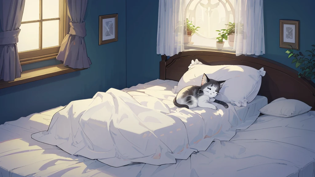 High quality, high resolution illustration of a single kitten sleeping on a bed at midnight. The kitten looks peaceful and content, with soft fur and a cozy atmosphere. The room is dimly lit, with a hint of moonlight filtering through the window, casting a gentle glow on the bed. The bed has comfortable, fluffy pillows and a warm blanket. No humans.