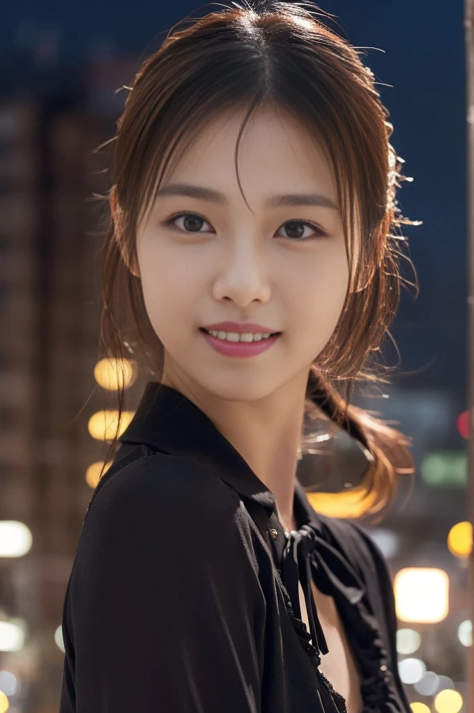 1 Girl, (Wearing a blouse:1.2), Beautiful Japanese actresses, (RAW Photos, Highest quality), (Realistic, Photorealistic:1.4), masterpiece, Very delicate and beautiful, Very detailed, 2k wallpaper, wonderful, finely, Very detailed CG Unity 8K 壁紙, Very detailedな, High resolution, Soft Light, Beautiful detailed girl, Very detailed目と顔, Beautiful and detailed nose, Beautiful and detailed, Cinema Lighting, break (Snowy night cityscape as background 1.3), City lights, Perfect Anatomy, Slender body, smile, Face the front completely, Looking at the camera
