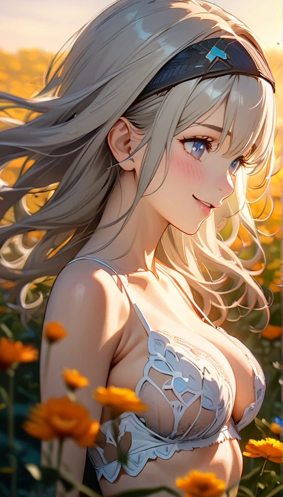 beautiful girl, long grey hair, beautiful face,smiling,close up to hips, beautiful breast, in the middle of flowers field, wearing lingerie, (open mouth:0.4),illustration,detailed textures(realists),ultra-detailed,portrait style,vivid colors,soft lighting, blushing, mature, hair fluttering, evening light , head band, side profile, no bra