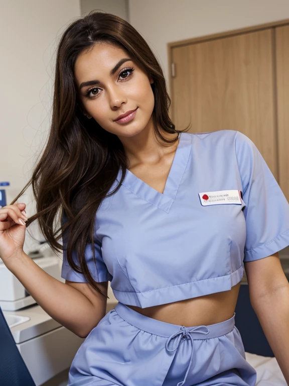 woman 27 years old, bruenette, in the hospital, at work, nurse outfit, realistic appearance, sporty, 175cm tall, light tanned skin, realistic skin, Italian, summer, dark brown eyes, big eyes, Beautiful eyelashes, natural makeup, smile, charmant, anatomically correct, super detail, high details, high quality, highres, accurate, retina