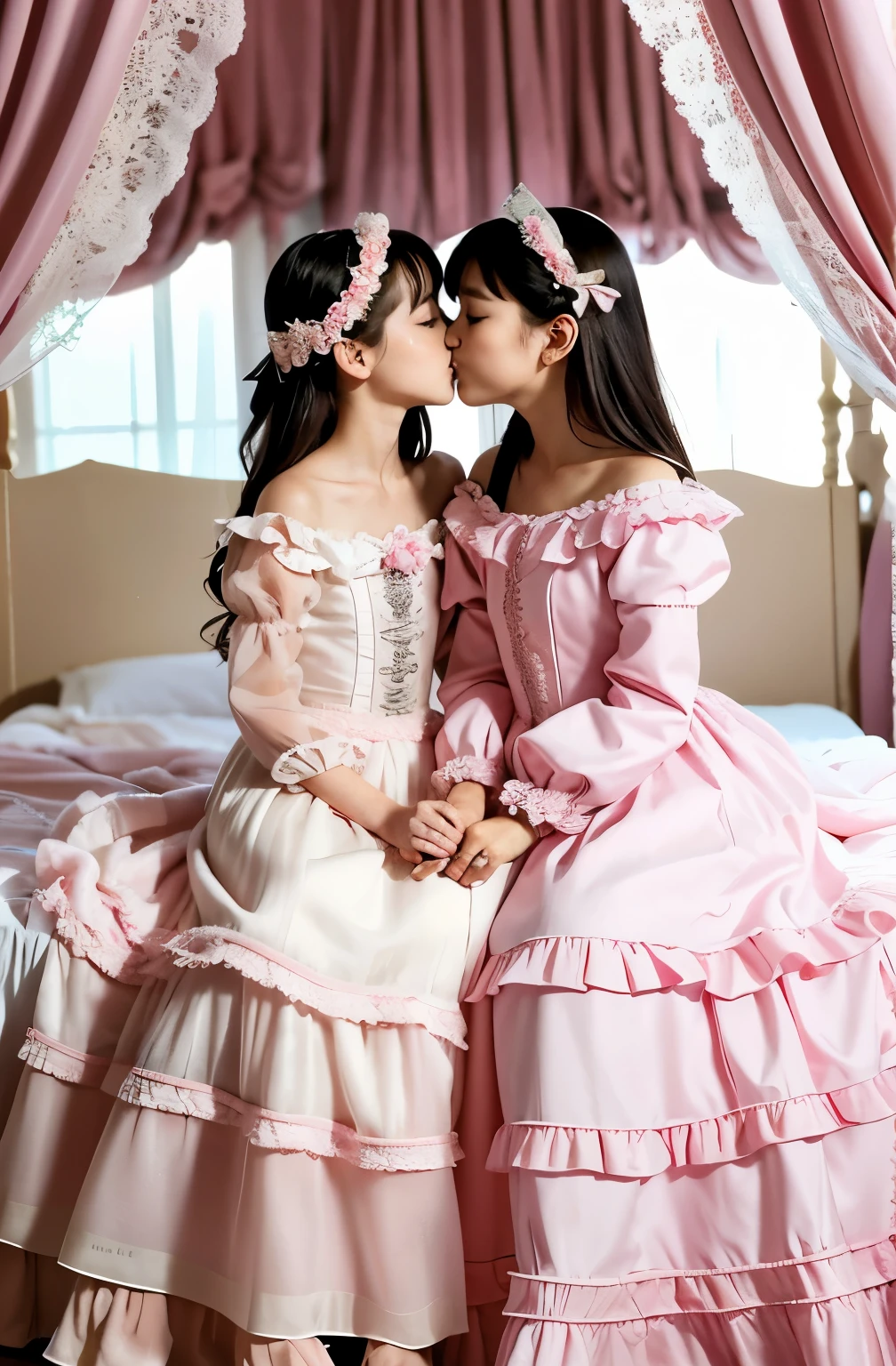 highest quality, masterpiece, highest resolution, artwork, super get used to it, many become familiar with, become familiar with, get used to it, woman, ,the two girls are princesses,pink victorian dress,long sleeve,long dress,A dress with lots of frills and ribbons.,high quality dresses,luxury,Two kiss,(Luxury Bedroom),high quality princess canopy bed,