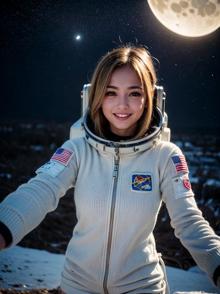 (smile)、(((Staring at the audience)))、((Wearing a space suit standing on the moon)),((White bikini shorts))、(((Spacewalk)))、wear spacesuits, 白いDressed in an astronaut costume, Cute girl in a tank top, girl in space, In space, (((Dressed in an astronaut costume))), woman astronaut, ((Open stance on the moon))、((Sexy young woman&#39;s body:1.4))、Large bust、