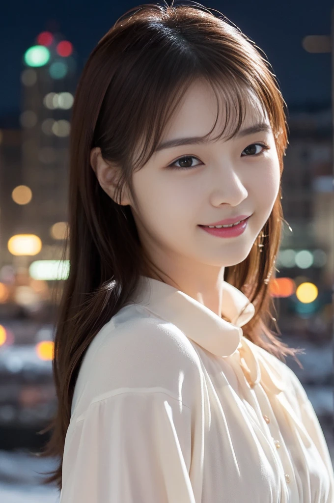 1 Girl, (Wearing a blouse:1.2), Beautiful Japanese actresses, (RAW Photos, Highest quality), (Realistic, Photorealistic:1.4), masterpiece, Very delicate and beautiful, Very detailed, 2k wallpaper, wonderful, finely, Very detailed CG Unity 8K 壁紙, Very detailedな, High resolution, Soft Light, Beautiful detailed girl, Very detailed目と顔, Beautiful and detailed nose, Beautiful and detailed, Cinema Lighting, break (Snowy night cityscape as background 1.3), City lights, Perfect Anatomy, Slender body, smile, Face the front completely, Looking at the camera