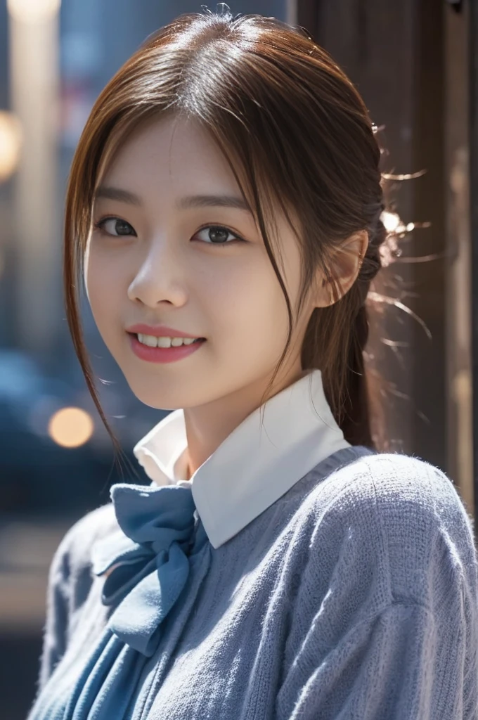 1 Girl, (Wearing a blouse:1.2), Beautiful Japanese actresses, (RAW Photos, Highest quality), (Realistic, Photorealistic:1.4), masterpiece, Very delicate and beautiful, Very detailed, 2k wallpaper, wonderful, finely, Very detailed CG Unity 8K 壁紙, Very detailedな, High resolution, Soft Light, Beautiful detailed girl, Very detailed目と顔, Beautiful and detailed nose, Beautiful and detailed, Cinema Lighting, break (Snowy night cityscape as background 1.3), City lights, Perfect Anatomy, Slender body, smile, Face the front completely, Looking at the camera