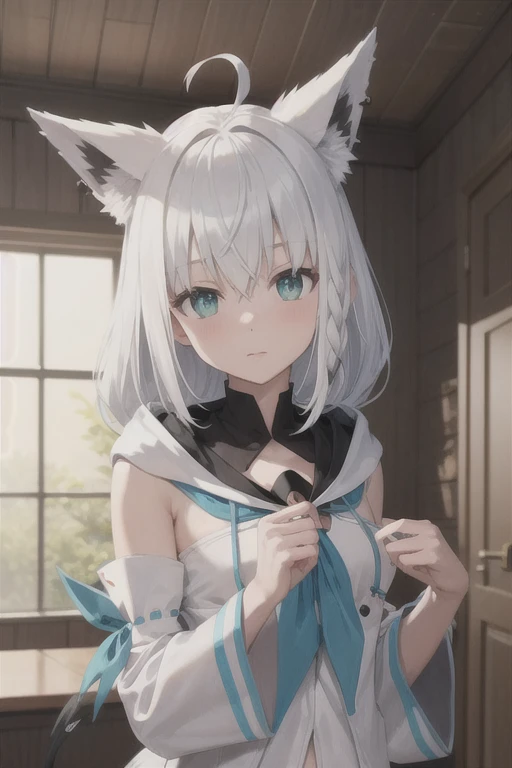 masterpiece, Highest quality,No ears, fubuki1, Gray Hair, Upper Body, View your viewers, Upper Body, Are standing, indoor, 