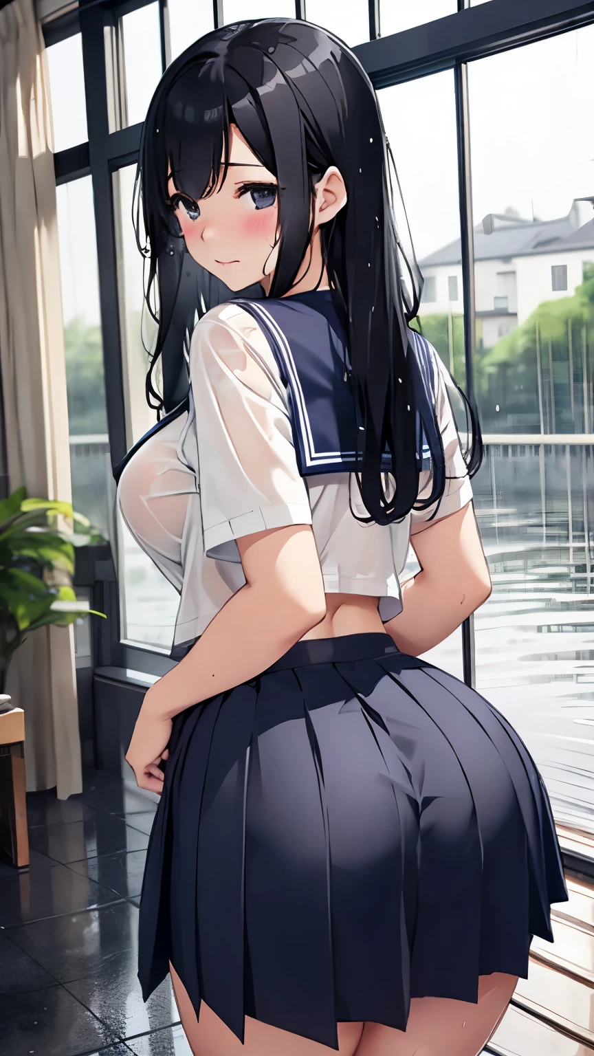 high school girl、beautiful girl、Black Hair、Big breasted body type、Big Hips、From behind、Sailor-style 、Navy blue pleated skirt、Flushed Cheeks、Moist eyes、Shy expression、The veranda on a rainy day、Erotic atmosphere、Immoral scene、Sensual scene、Wet Hair、Wet Skin、Wet clothes、Lifting up a wet skirt