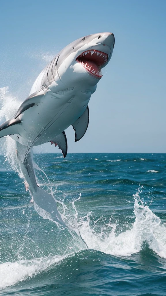 “Depict a great white shark breaching the water, fully airborne with its jaws wide open.”