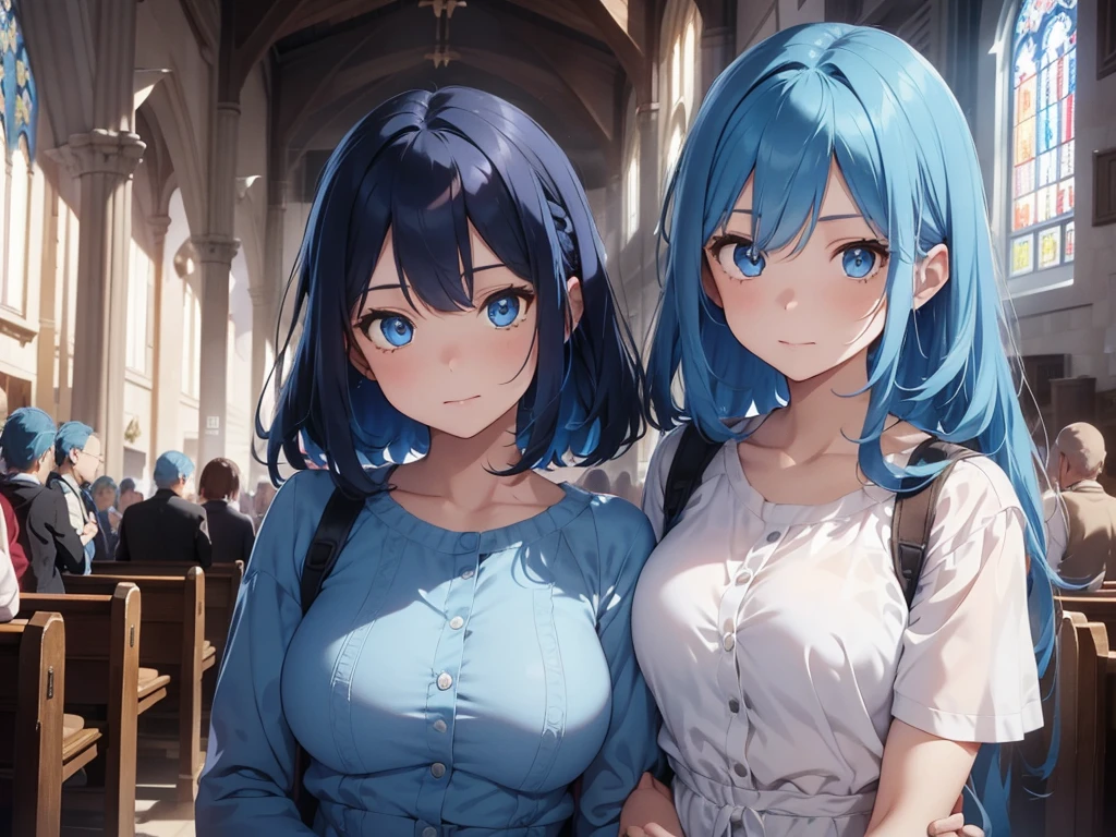 Male and female couple pictures,(woman,blue hair,bright blue eyes),(man,handsome,blue hair,bright blue eyes),detailed face,Detailed background,standing in the middle of the church