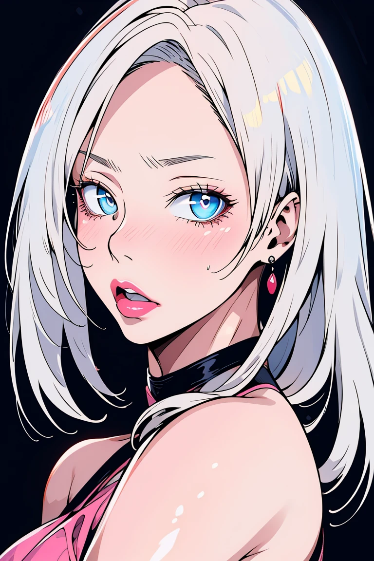 masterpiece, best quality, ultra-high-detailed, white hair, light blue eyes, looking to viewer,  black background, upper shoulder , manghwa style, age 25, pierching , pink lipstick , eyeshadow