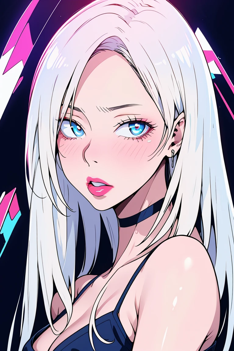 masterpiece, best quality, ultra-high-detailed, white hair, light blue eyes, looking to viewer,  black background, upper shoulder , manghwa style, age 25, pierching , pink lipstick , eyeshadow