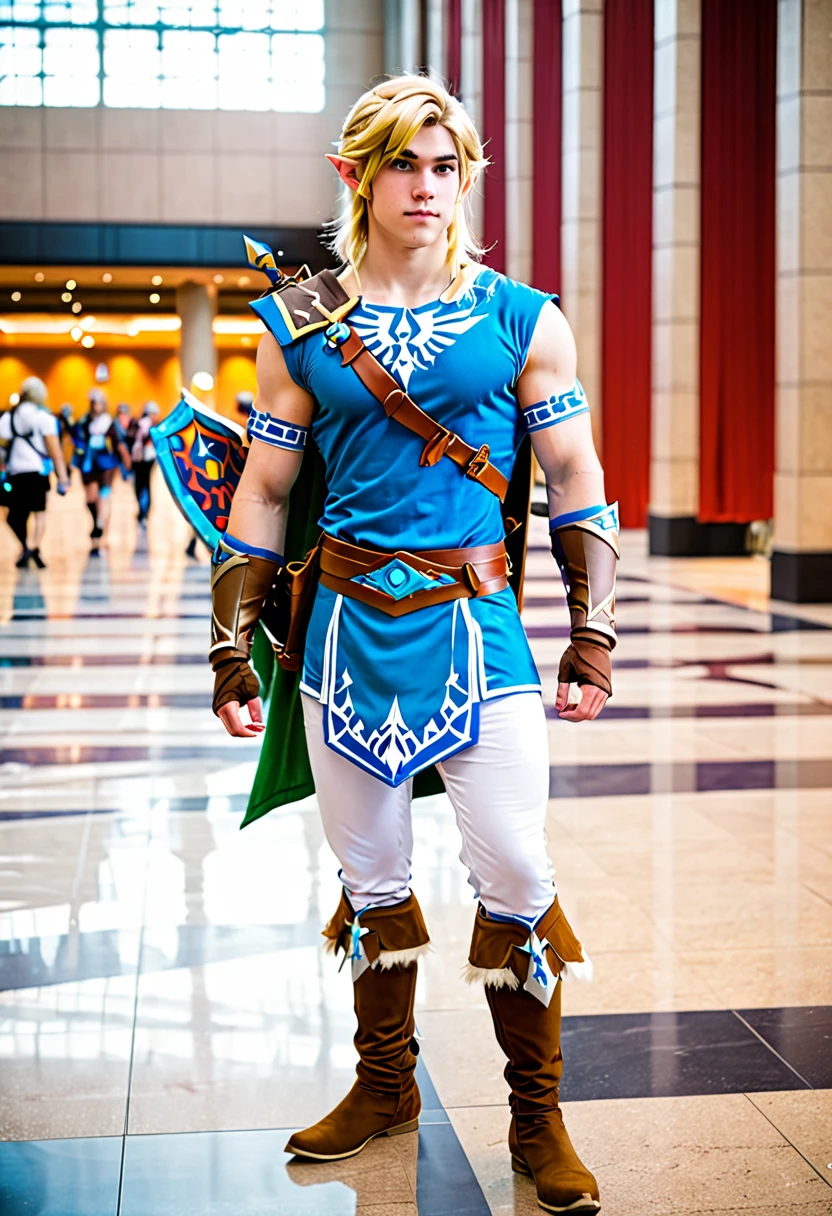 an attractive 20 year old American male, muscular, standing in convention hall, wearing botw Link Cosplay, blond hair, white skin, full body shot