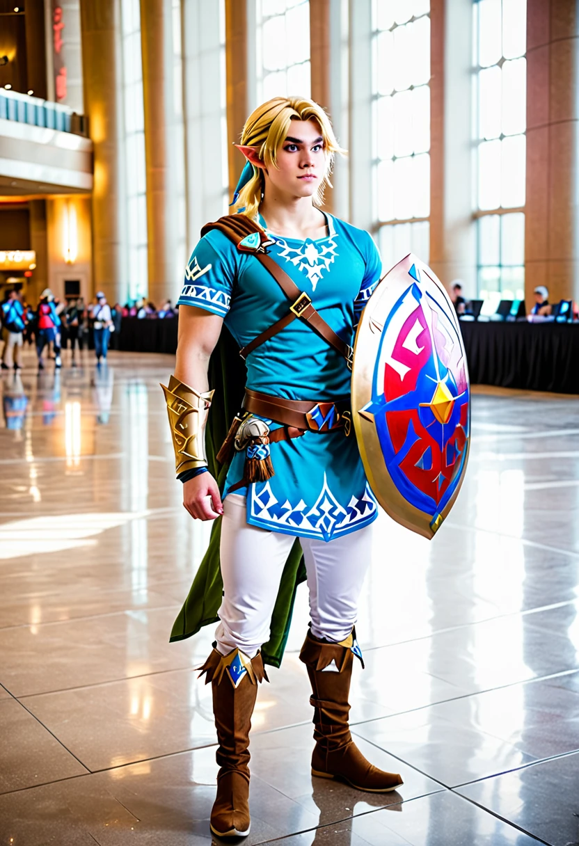 an attractive 20 year old American male, muscular, standing in convention hall, wearing botw Link Cosplay, blond hair, white skin, full body shot