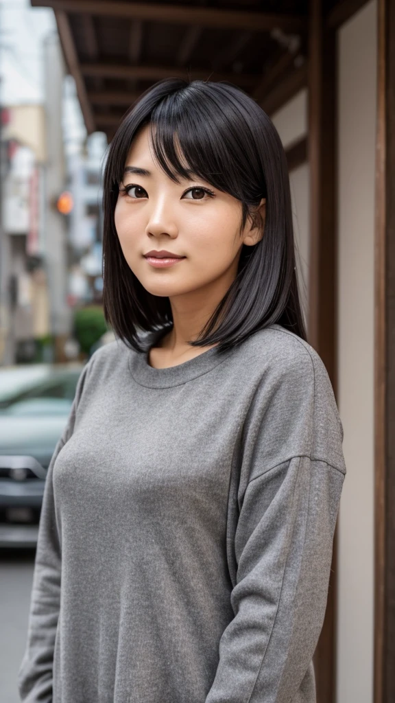 Female, Japanese, 50s, medium black hair with gray, brown eyes, friendly impression, casual clothing, face with noticeable lines, fine lines beginning to show, upper body in focus