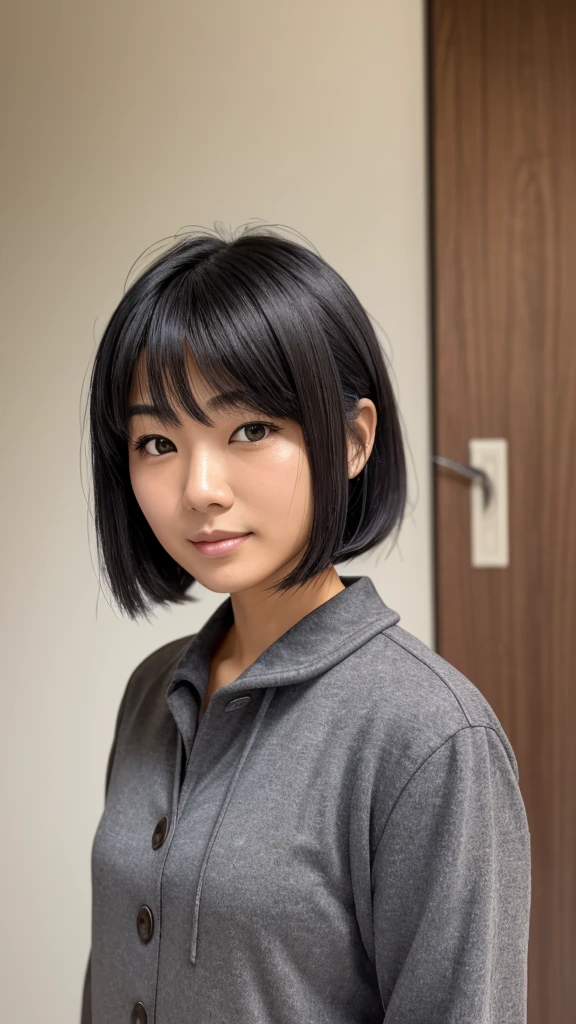 Female, Japanese, 50s, medium black hair with gray, brown eyes, friendly impression, casual clothing, face with noticeable lines, fine lines beginning to show, upper body in focus