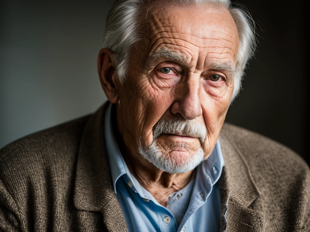 full length portrait of an 80 year old man, wrinkled, worn out, with piercing eyes, face detailed, High details, fot, dark studio, rim-light, Nikon D850, 50mm, f/1.4