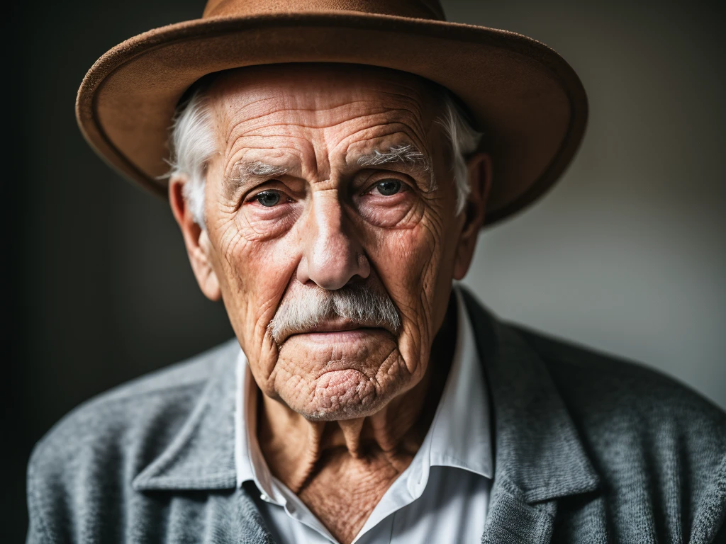 full length portrait of an 80 year old man, wrinkled, worn out, with piercing eyes, face detailed, High details, fot, dark studio, rim-light, Nikon D850, 50mm, f/1.4