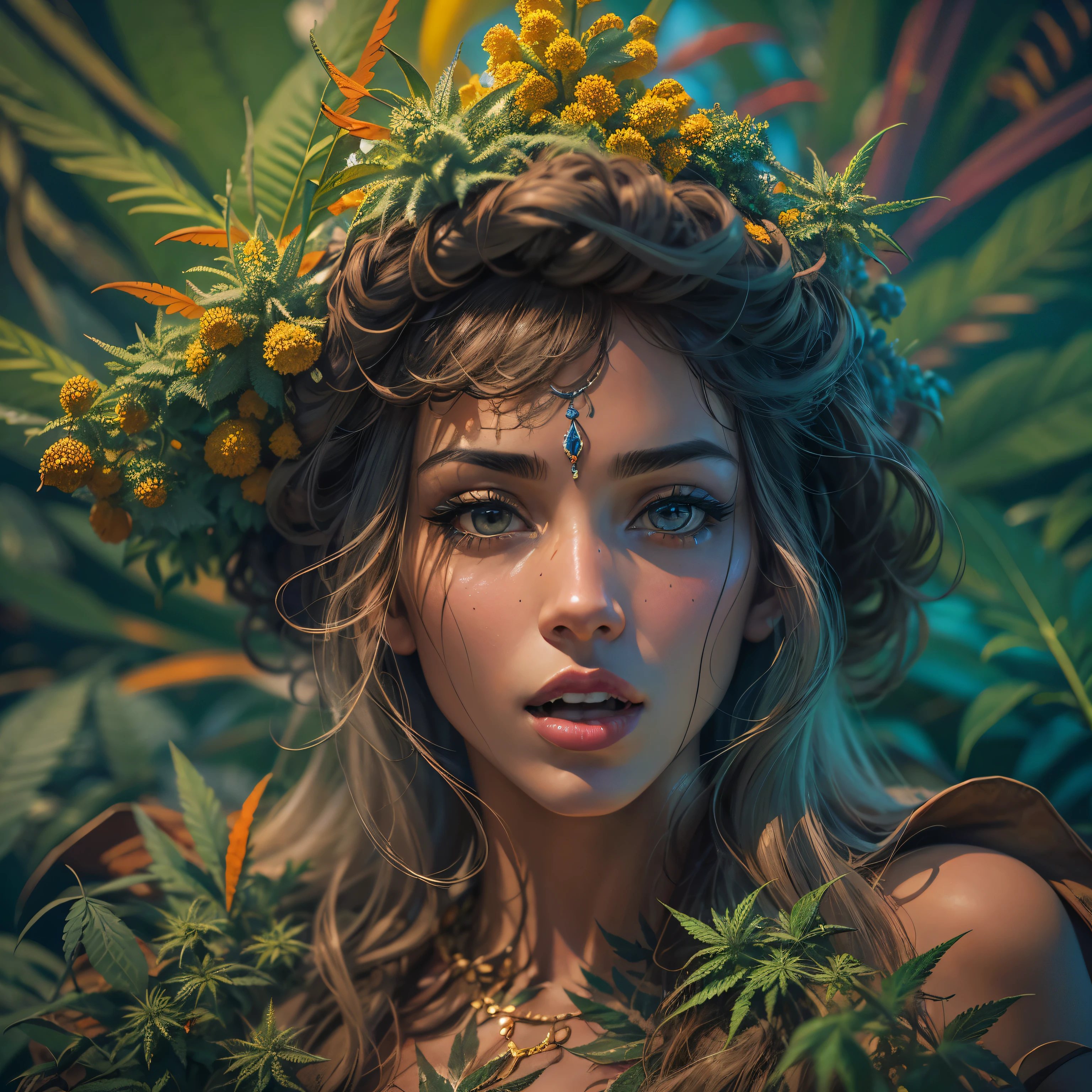Top quality, masterpiece, super high resolution, ((Photorealistic: 1.4), raw photo, 1 beautiful girl buried in cannabis, ((portrait)), shiny skin, (super realistic details)), Cannabis and cocaine covering limbs, drug education. Beautiful woman with tongue sticking out, ((LSD)), psychedelic background, octane rendering, 8K, super sharp, metal, Intricate psychedelic details, very intricate details, realistic light, facing the camera, psychedelic details,