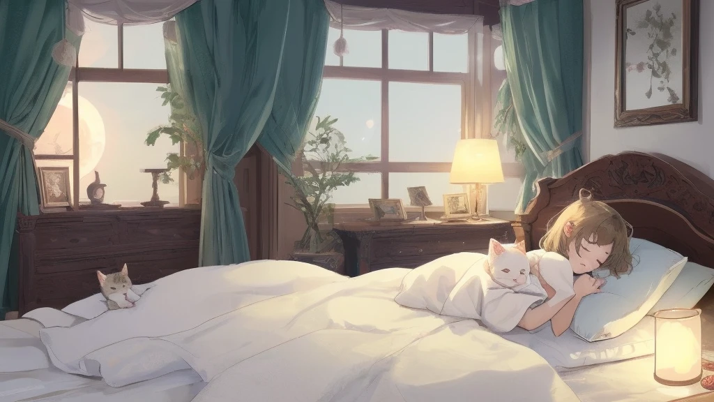 High quality, high resolution illustration of a single kitten sleeping on a bed at midnight. The kitten looks peaceful and content, with soft fur and a cozy atmosphere. The room is dimly lit, with a hint of moonlight filtering through the window, casting a gentle glow on the bed. The bed has comfortable, fluffy pillows and a warm blanket. No humans.