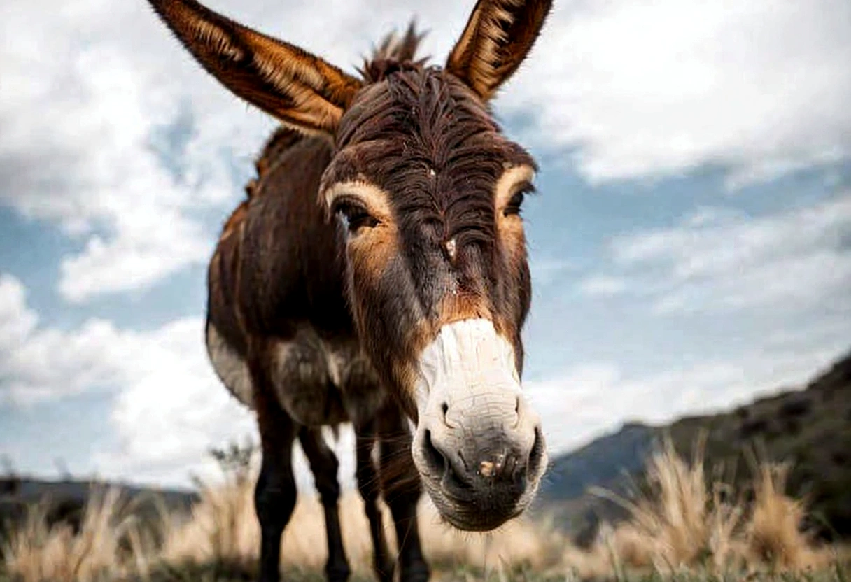 there is a donkey that is standing in the grass, donkey, wild beautiful donkey, donkey ears, mule, looking straight to camera, pointy nose, with pointy ears, looking straight to the camera, pointed nose, 🤠 using a 🖥, with small nose, looks at the camera, looking to camera, two pointed ears, looking to the camera, cinematic