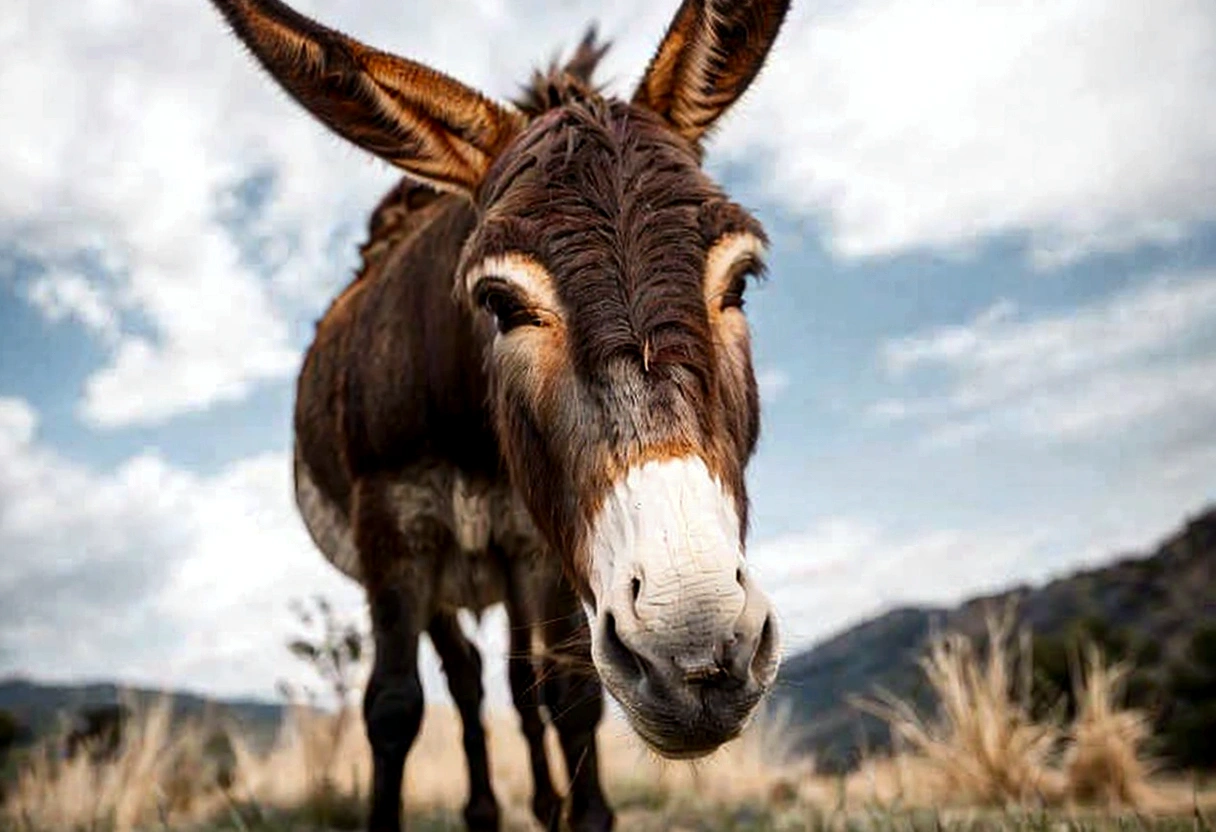 there is a donkey that is standing in the grass, donkey, wild beautiful donkey, donkey ears, mule, looking straight to camera, pointy nose, with pointy ears, looking straight to the camera, pointed nose, 🤠 using a 🖥, with small nose, looks at the camera, looking to camera, two pointed ears, looking to the camera, cinematic