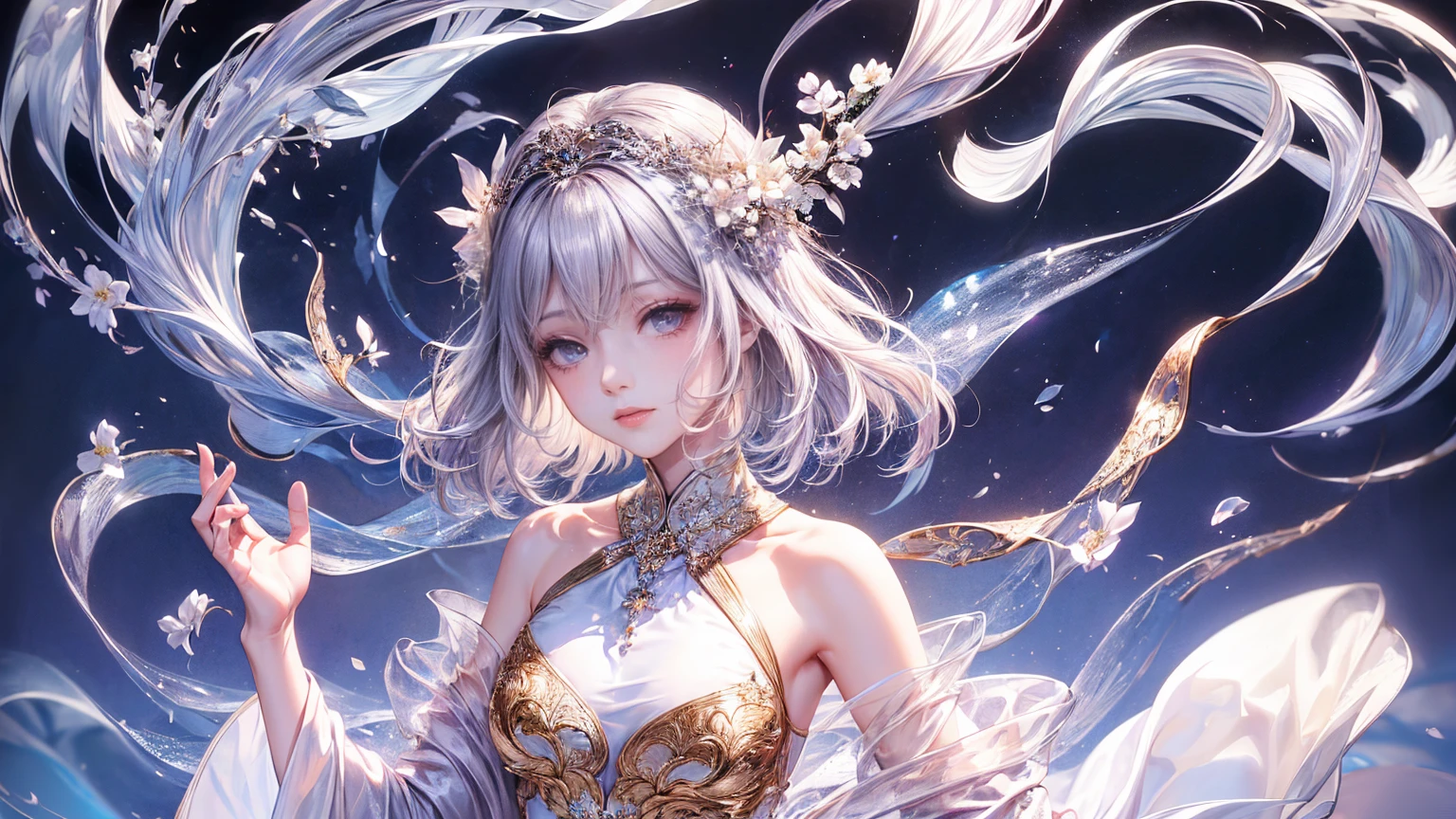 (Highest quality, 8K, CG, Beautiful and exquisite upper body, Delicate face,Purplish silver hair,Waist-length wavy hair,beautiful girl,Wearing a circlet,White-based robe,Moonlit Night, Gradient Hair, Floral Background, Purple eyes, Almond Eye, Exquisite eye makeup, 長さ eyelashes fluttering, Starry Sky, Delicate lip detail, Soft and harmonious style),Exposed shoulders, bracelet,Suspended particles, Mysterious Mechanics,Dynamic pose