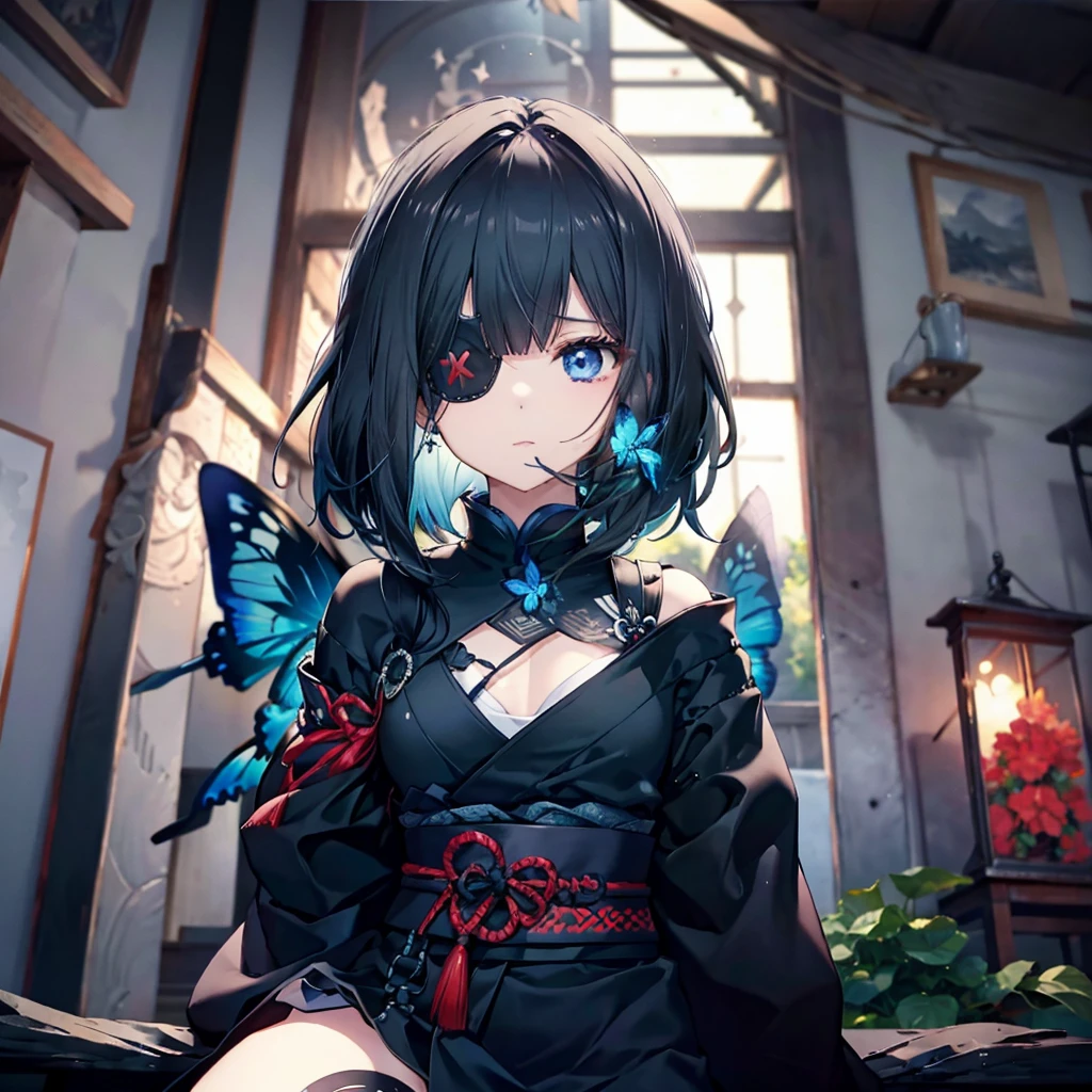 (((1 person Put on an eye patch White and black hair))) ((High resolution short hair Black kimono Shoulder Rin々Funny face knifeを胸の前で構える)) ((Black Band samurai Lonely despair blue eyes Close-up)) ((Blue Butterfly night Japanese style old Shining Aura garden water surface Catch the wind)) (dance 日本knife knife Slashing) 月night moonlight star Draw your sword Shining Background Shining Edge