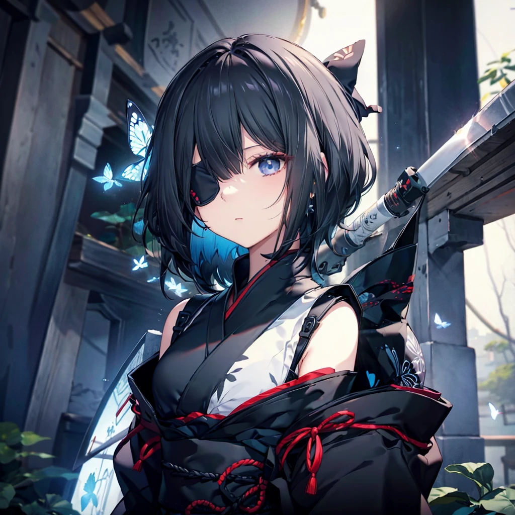 (((1 person Put on an eye patch White and black hair))) ((High resolution short hair Black kimono Shoulder Rin々Funny face knifeを胸の前で構える)) ((Black Band samurai Lonely despair blue eyes Close-up)) ((Blue Butterfly night Japanese style old Shining Aura garden water surface Catch the wind)) (dance 日本knife knife Slashing) 月night moonlight star Draw your sword Shining Background Shining Edge
