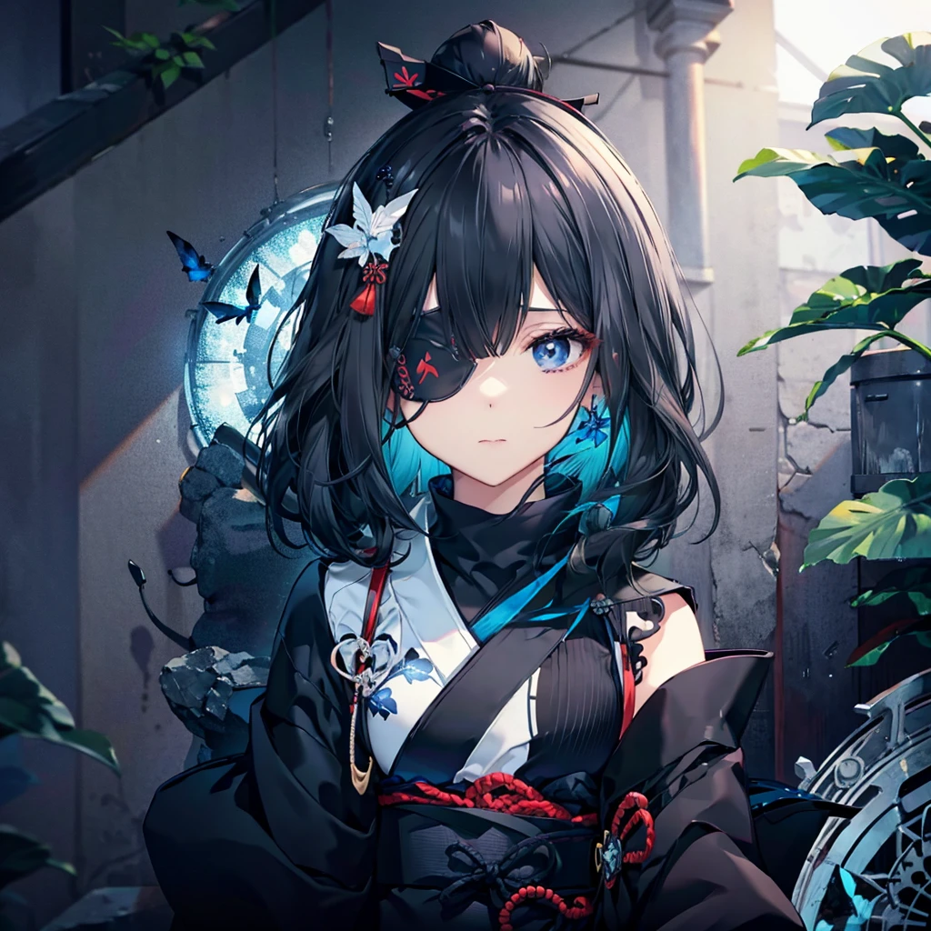 (((1 person Put on an eye patch White and black hair))) ((High resolution short hair Black kimono Shoulder Rin々Funny face knifeを胸の前で構える)) ((Black Band samurai Lonely despair blue eyes Close-up)) ((Blue Butterfly night Japanese style old Shining Aura garden water surface Catch the wind)) (dance 日本knife knife Slashing) 月night moonlight star Draw your sword Shining Background Shining Edge