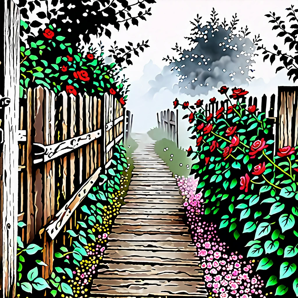 A path with a rustic wooden fence and roses covered in mist.