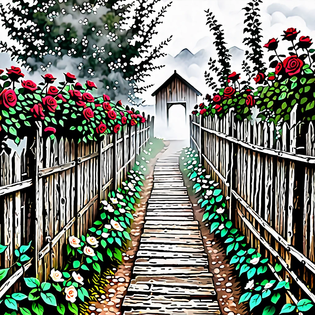 A path with a rustic wooden fence and roses covered in mist.