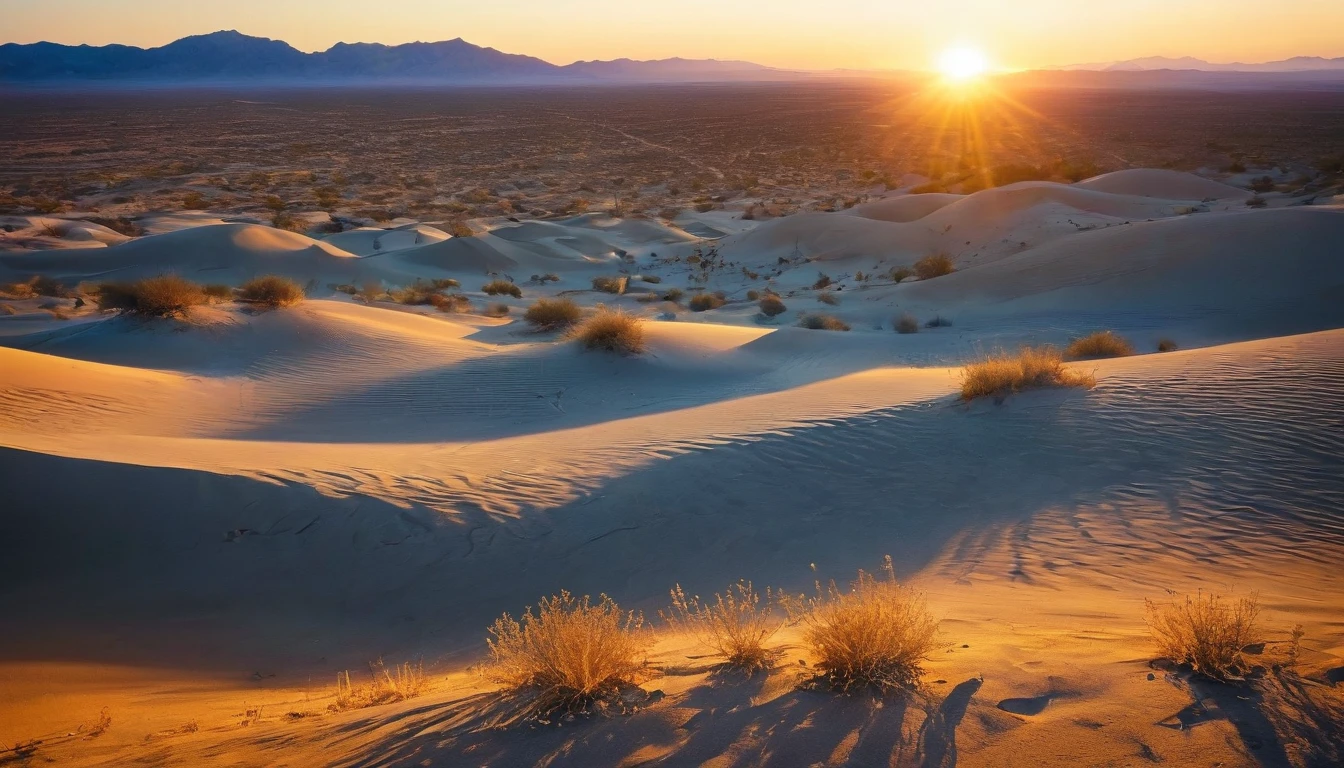 View a vast desert landscape bathed in the golden light of twilight IN THE TONES#FFA500 e #FF4500, evoking the iconic Star Wars look. In the center of the scene, a Jedi in a flowing cape stands silhouetted against the orange sky, your glowing blue lightsaber in your hand, pronto para enfrentar qualquer desafio. The ruins of an ancient civilization rise majestically in the background, and the remains of a fallen AT-AT adorn the landscape. The atmosphere is charged with expectation, as if an epic battle was about to begin.hyper realistic composition,32k resolution,cinematic composition,cinematic color grading.photography whit Phaseone 85mm,depth of field.pantones #CEDBE1#D3B9AO#73503C#A6826D#261B17.