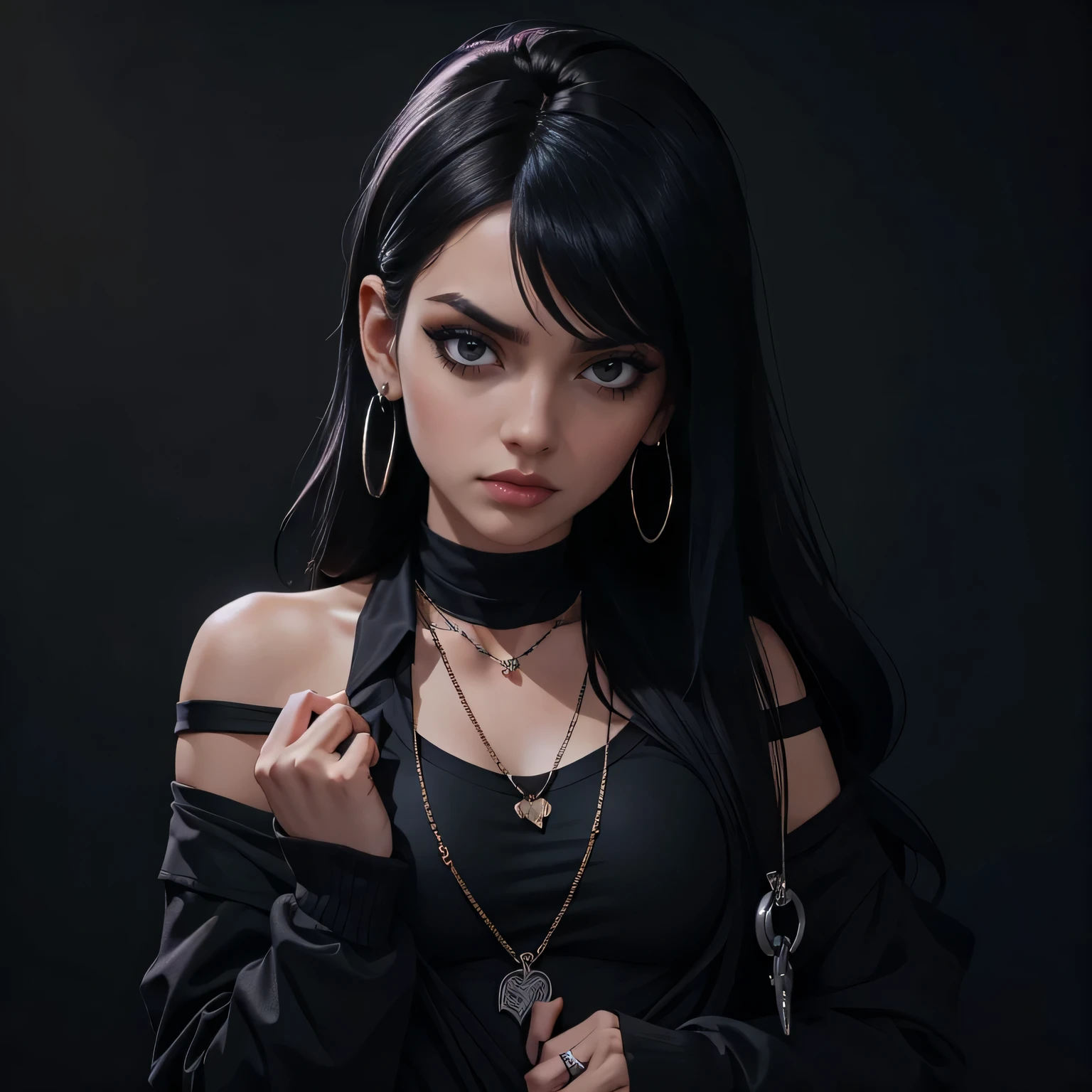 Kizi. gothic, emo, Grieving, black short hair, black shirt with cold shoulders and very long sleeves that cover most of your hands. She wears very heavy black eyeliner, two ear piercings, black nail polish, a necklace with a small sword keychain and a black bra, with the straps visible due to the off-the-shoulder shirt, with teddy bear in hand