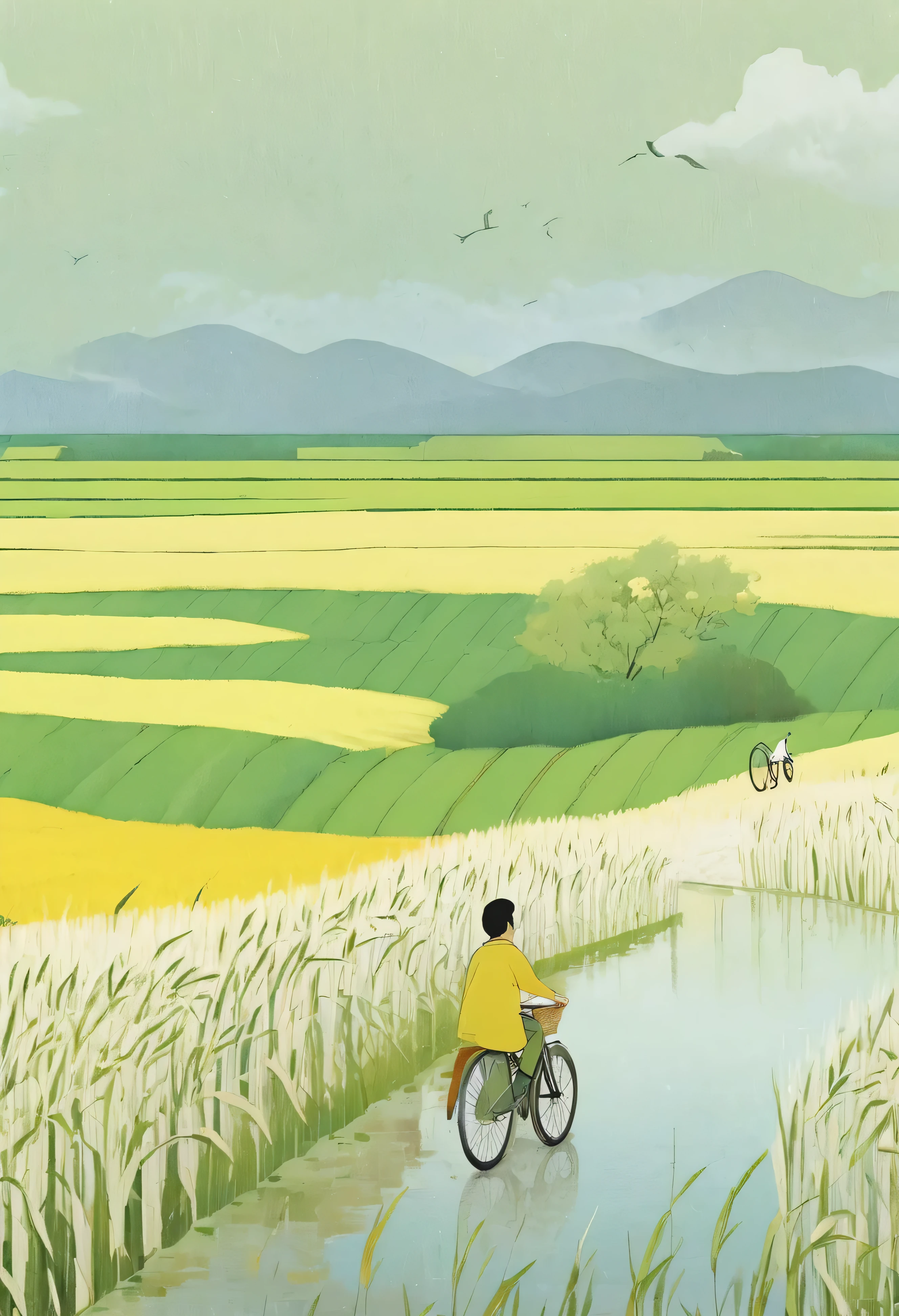 A beautiful illustration, Endless rice fields, half yellow half green, a boy riding a bicycle, Will Barnett (Will Barnet) modeling, Attached are 50D movie stills, Idyllic, Rural, panoramic,