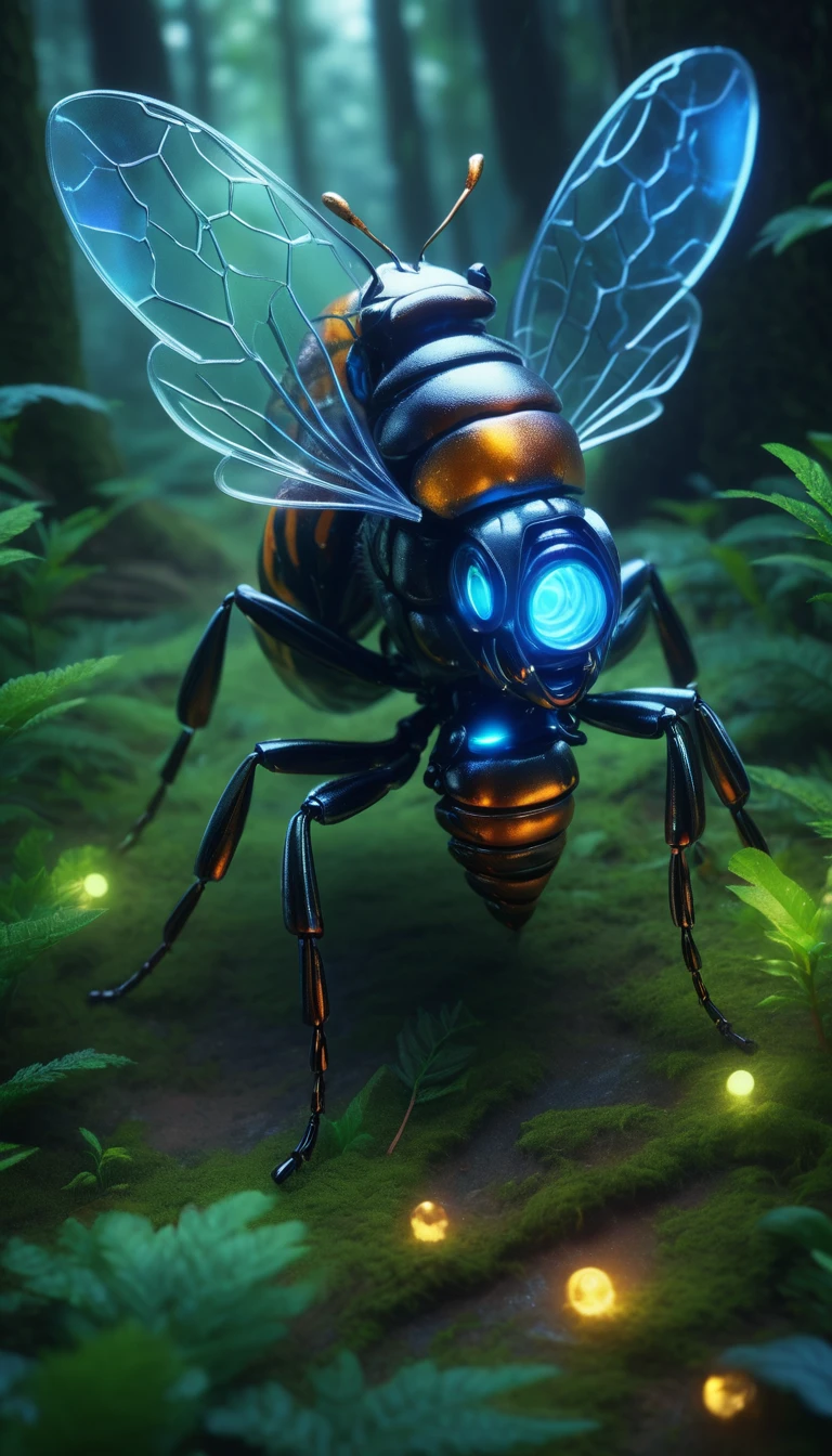 ,The background is the forest, The fusion of biology and machines, Transparent Mechanical Giant Hornet, Complex and precise internal structure, LED that glows inside the body