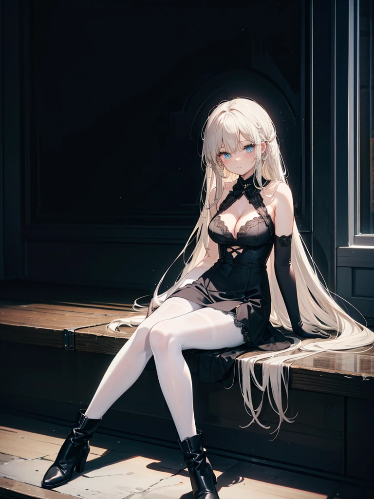 ,long hair,straight_hair,bright_pupils,cleavage,slender_waist,ankle_boots,elbow_gloves,1girl,white_pantyhose,lace,