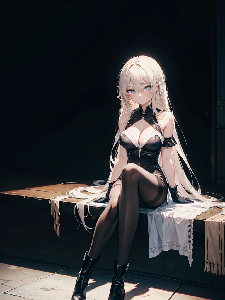 ,long hair,straight_hair,bright_pupils,cleavage,slender_waist,ankle_boots,elbow_gloves,1girl,white_pantyhose,lace,
