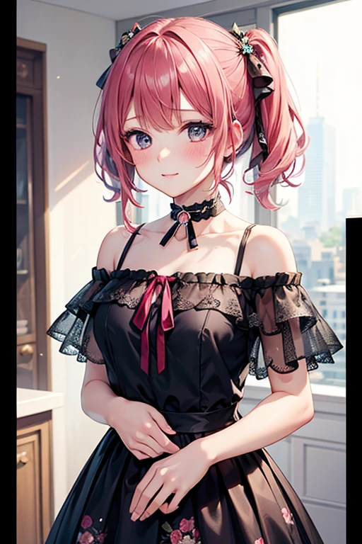 (Highest quality, masterpiece), One girl, Intricate details, Off the shoulder, skirt, choker, Frills, See-through, View your viewers, blush, Upper Body, Blurred Background, Floral print, Contrasting