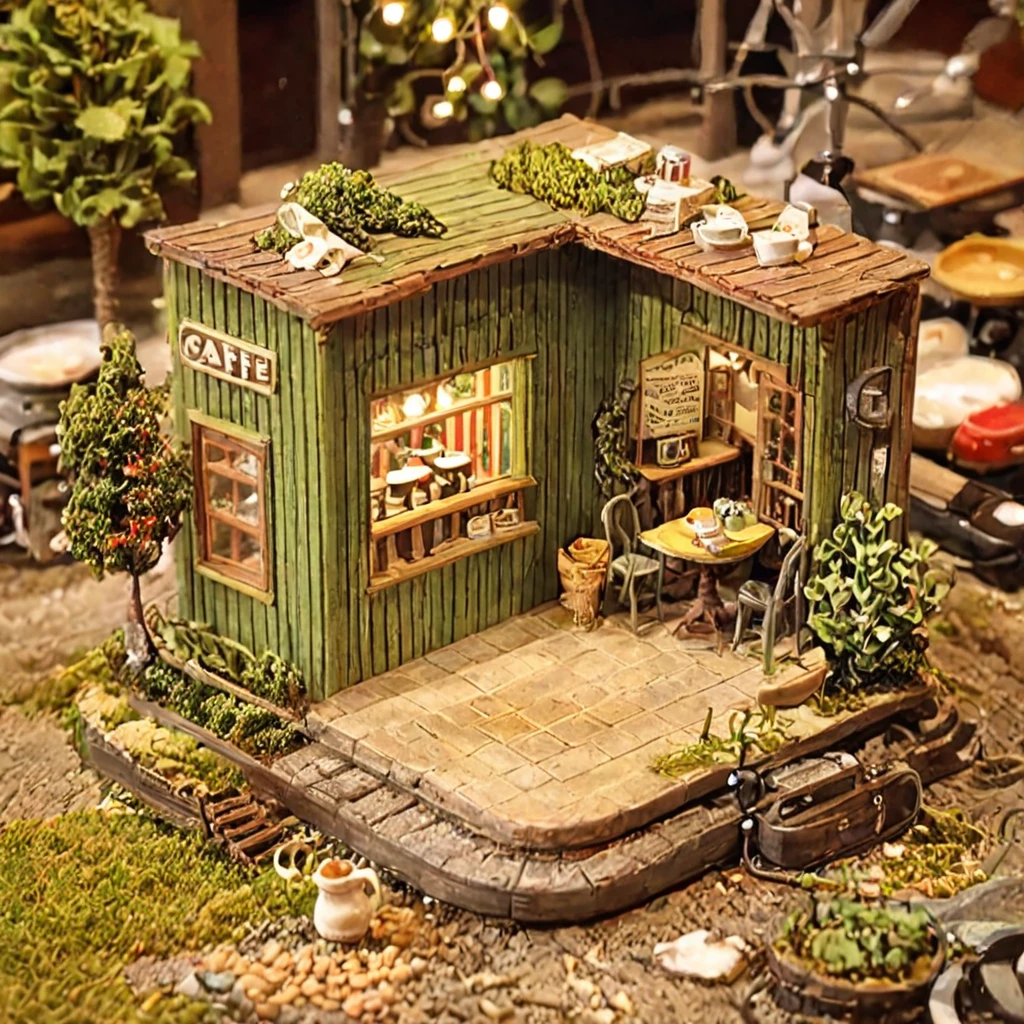 tilt-shift photography,(masterpiece, top quality, best quality),(ultra-detailed, absolutely resolution),((16k, high res)). (retro café and house plants, interior))