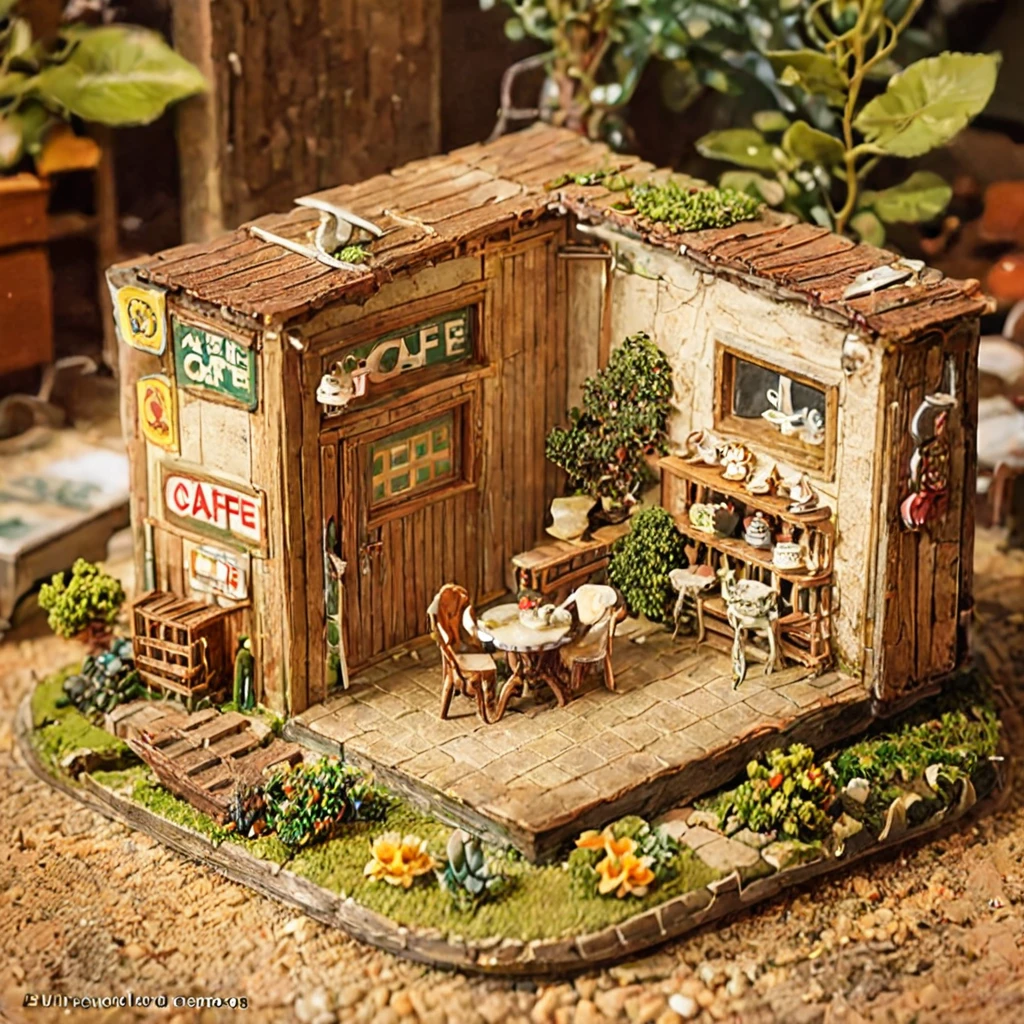 tilt-shift photography,(masterpiece, top quality, best quality),(ultra-detailed, absolutely resolution),((16k, high res)). (retro café and house plants, interior))