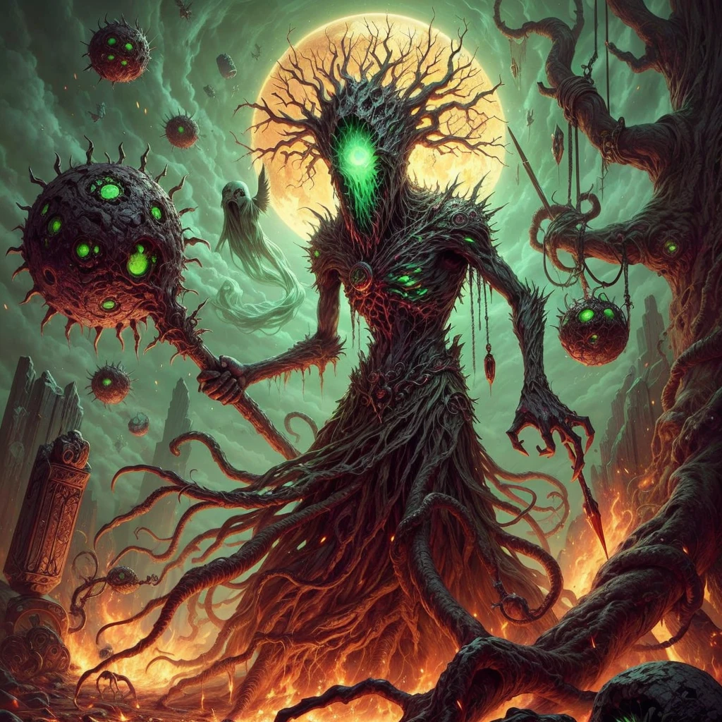 dark soul boss,elden Ring style,a corrupted tree man, an eldritch being inside a tree, 8 long thick root came from the back, corrupted wood hand and arm, holding a runic dead tree branch as a spear, toxic fruit as bomb,thick trunk tentacles,glowing green eye,death green aura, open mouth, holding corrupted death fruit, astral ghost flying around,